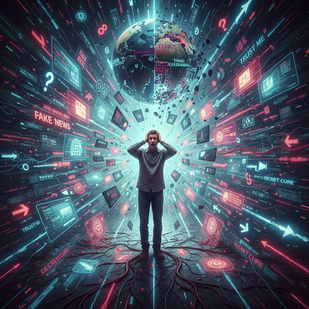 A panicked man stands in a tunnel of glowing data and information with his hands on his head under a floating globe.