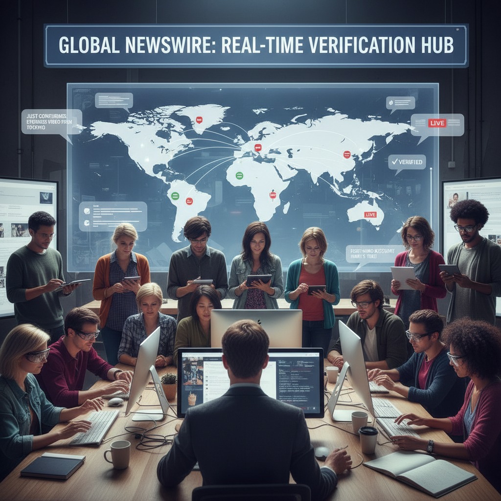 A team of diverse professionals works in a modern newsroom, facing a large glowing world map and using computers and mobile devices.