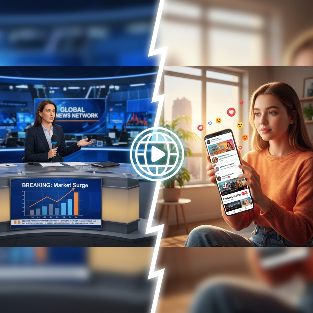 Split-screen graphic showing a television news anchor on the left and a young woman using a smartphone on the right.